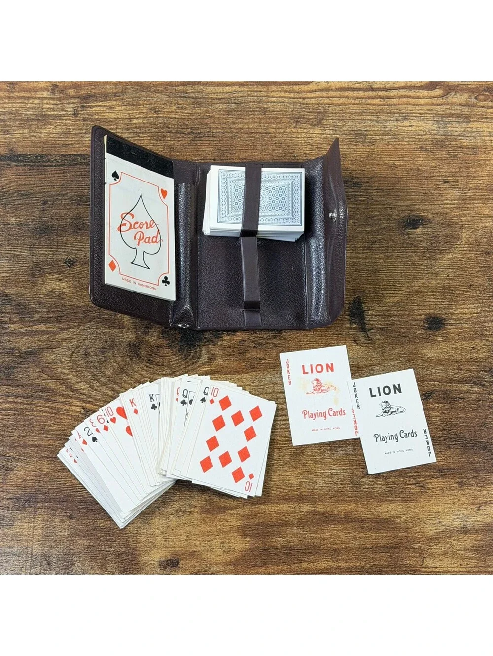 Vintage 60s 70s Travel Playing Card Case Lion Cards Score Pad Ostrich Vinyl